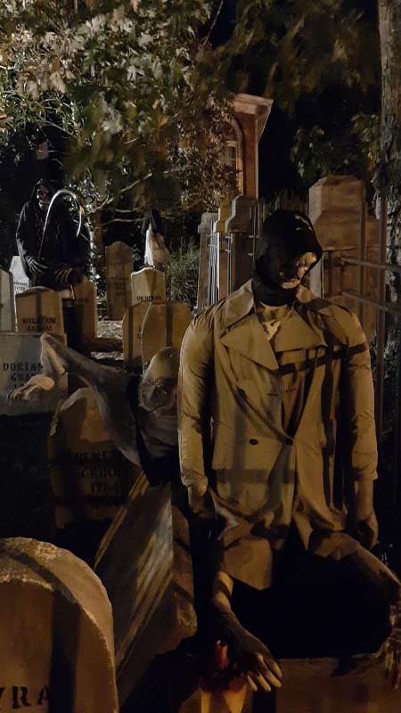 Haunted View Halloween Graveyard with Gallows Executioner, Mary Nichols, Catherine Eddowes, Jacob & Wilhelm Grimm Fanny Butts, Therese DeFarge and Cross Grave Markers